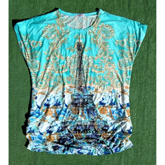 Blossom by P. Tunic Top Womens XL Eiffel Tower Beaded S/S Semi-Sheer Knit Top - Picture 5 of 6